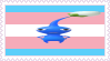 stamp of blue pikmin which is stretched out with the trans flag in the background