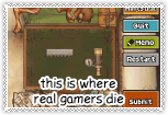 stamp of a professor layton puzzle with text reading this is where real gamers die