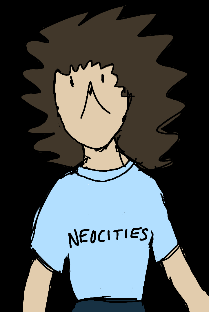 messy digital illustration of an anthropomorphic hedgehog, who has dark brown hair and beige skin. he has a happy expression and is wearing a light blue tshirt with text reading neocities on it